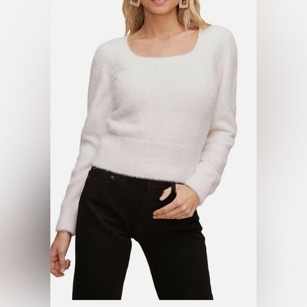 ASTR THE LABEL CROP IVORY FUZZY SQUARE NECK SWEATER COZY WINTER SIZE M